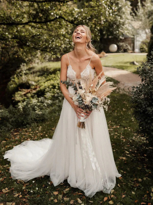 Tulle Illusion Sleeveless Beaded Spaghetti Straps V-Neck Backless A-line Sweep Train Wedding Dresses Charming