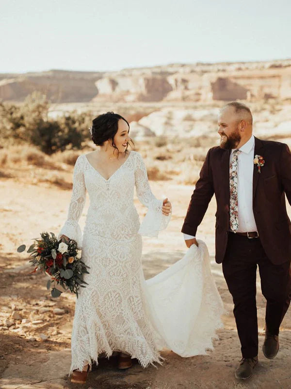 Elegant Longsleeves Illusion V-Neck Lace Wedding Dresses Backless Bridal Gowns Beautiful