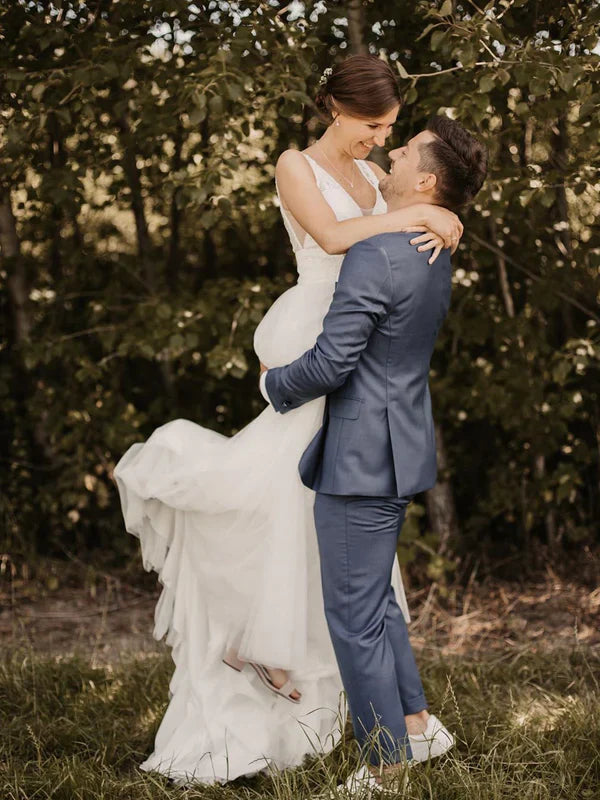 Simple Chiffon V-Neck A-line Sweep Train Wedding Dresses Backless Bridal Gowns Elegant