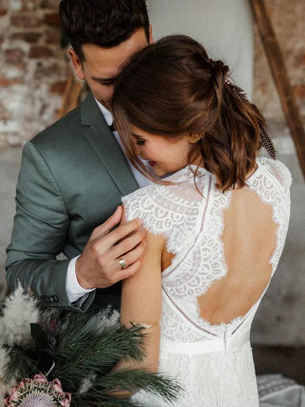 Fabulous Mermaid Lace Backless Sweep Train Wedding Dresses With Cap Sleeves Gown Elegant