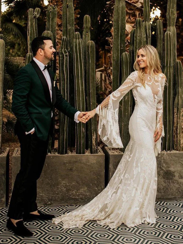 Chic Tassels Long Sleeves Illusion Backless Lace Wedding Dresses Floor Length Beautiful