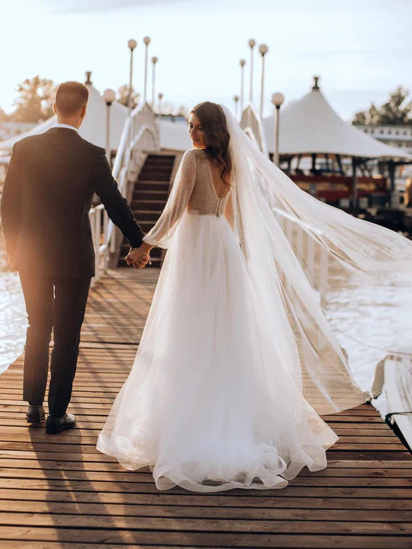 Fascinating Long Sleeves Deep V-neck Lace Backless A-line Wedding Dresses Sexy