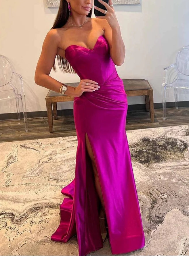 Fuchsia Sweetheart Strapless Satin Long Prom Dress with Slit Off Shoulder Charming Evening Dress Wholesale