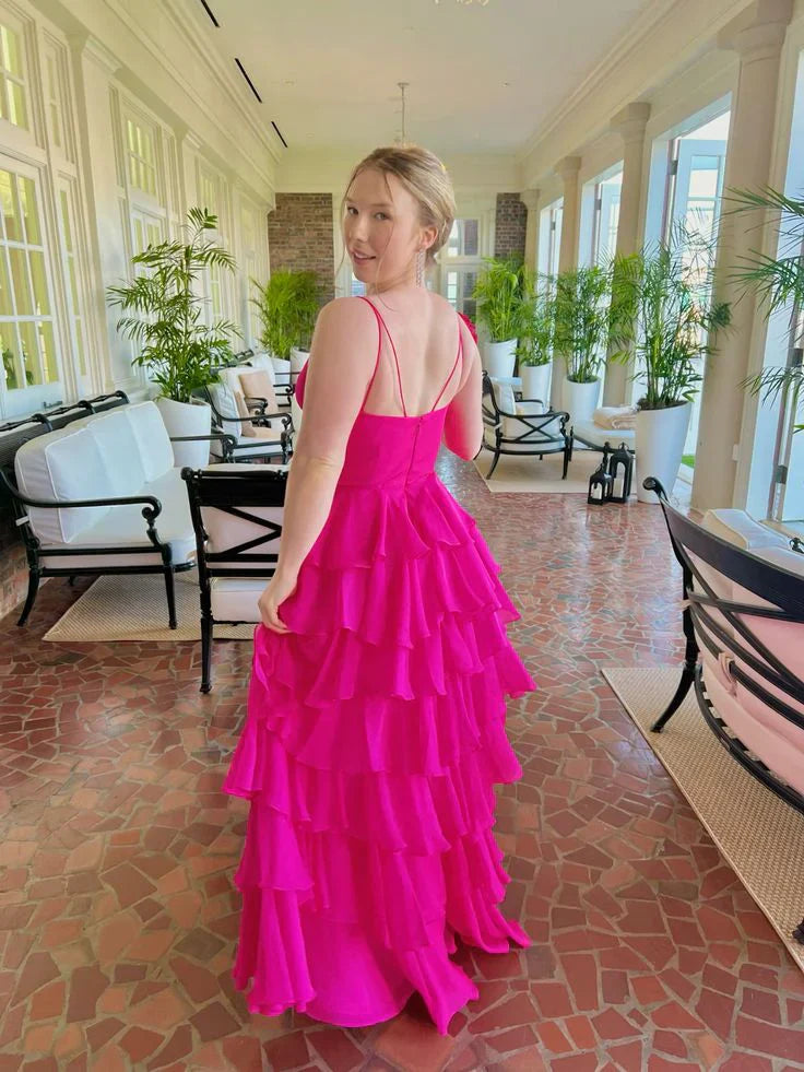 Wholesale Sexy Fuchsia Layered A Line Evening Dress Chiffon Long Prom Dress Charming Party Dress