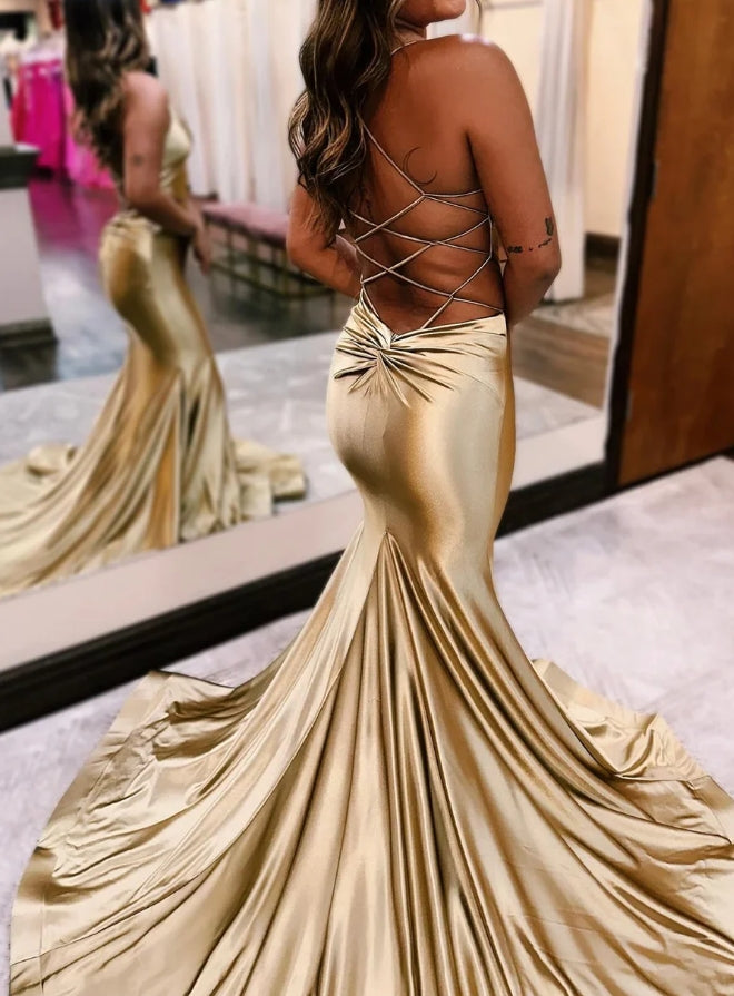 Gold V-Neck Lace-Up Mermaid Long Formal Dress Sexy Evening Dress Party Dress Wholesale