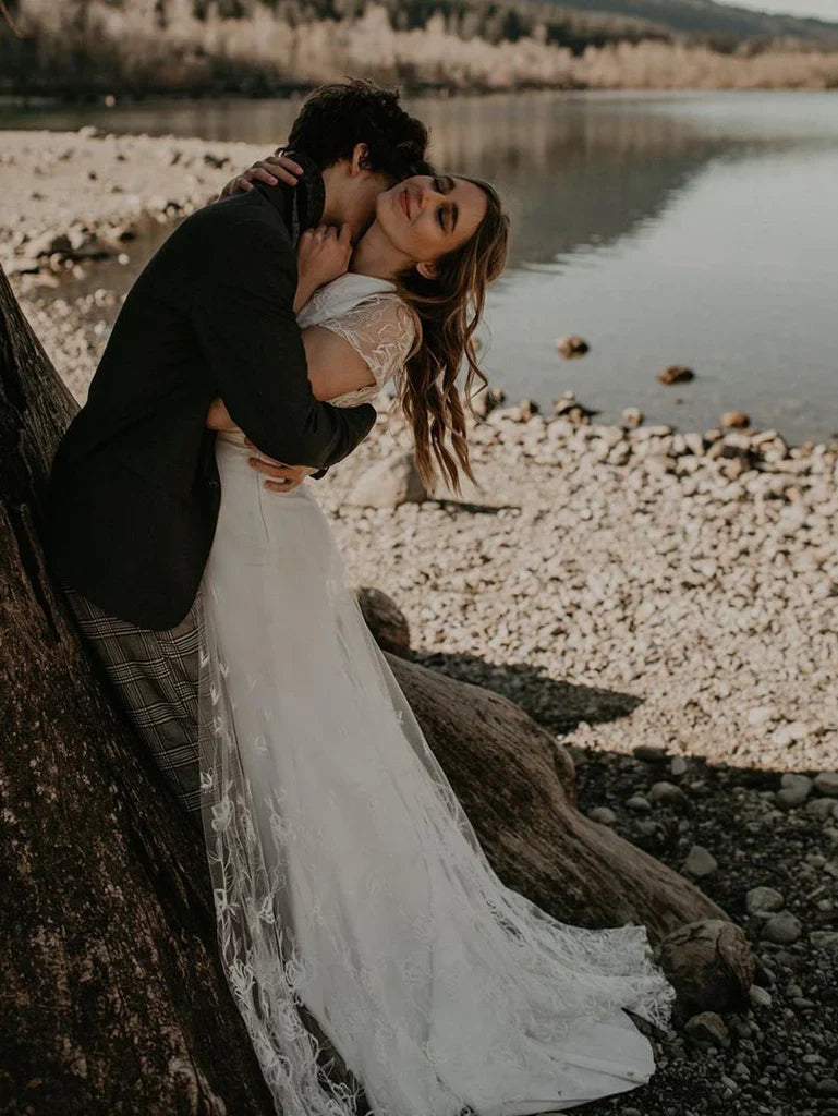 Fabulous Tulle Appliqued Mermaid V-Neck Cap Sleeves Sweep Train Wedding Dresses Beautiful