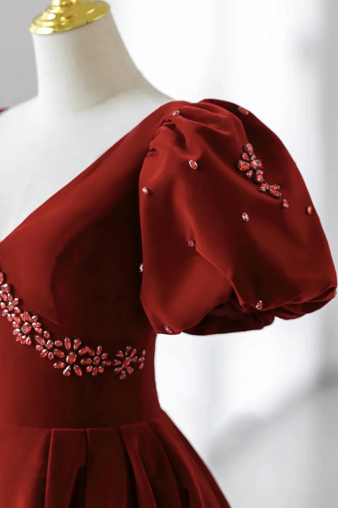 Wholesale Burgundy A Line Puff Sleeves Velvet Long Prom Dress Evening Dress Elegant