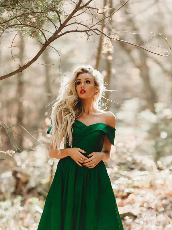 Beautiful Satin A-line Long Prom Dresses Off-the-shoulder Sexy Gowns With Slit Evening Dresses Wholesale