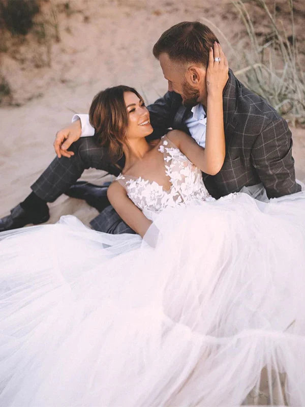 Unique Appliqued A-line Tulle Wedding Dresses With Chapel Train Floor Length Beautiful