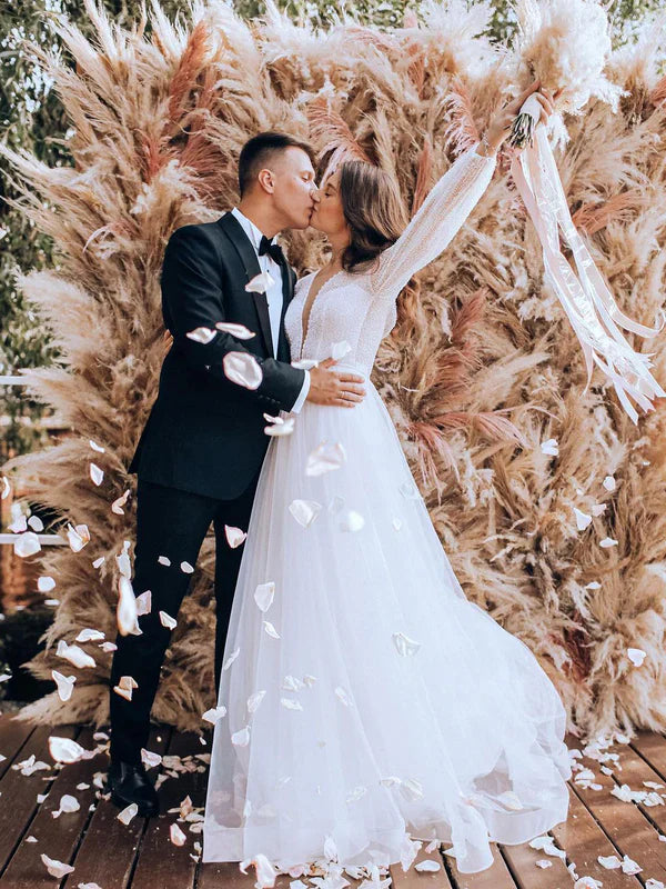 Fascinating Long Sleeves Deep V-neck Lace Backless A-line Wedding Dresses Sexy