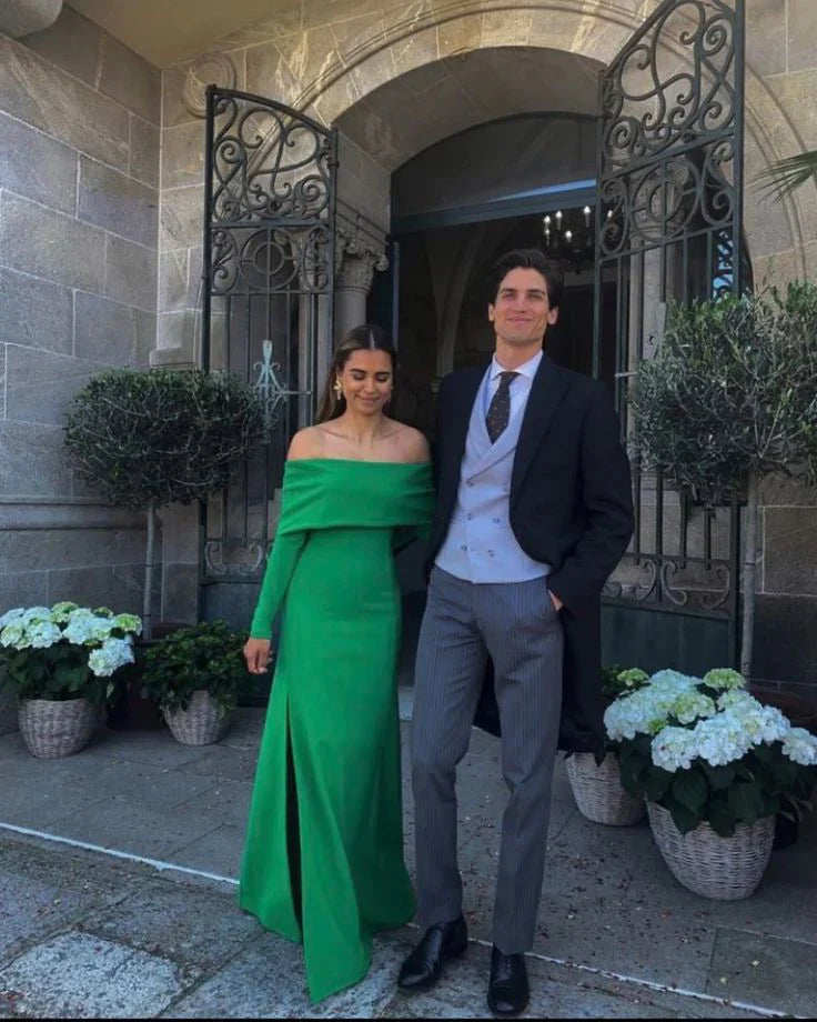 Green Off Shoulder Long Sleeves Long Prom Dress Wedding Guest Dress Elegant Evening Dress Wholesale