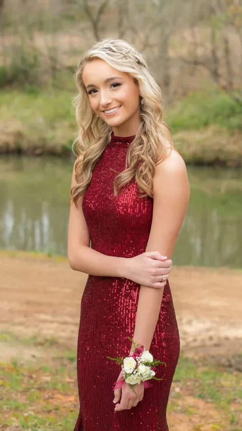 Burgundy Sequins Mermaid Long Prom Dress Sleeveless Sparkly Evening Dress Wholesale