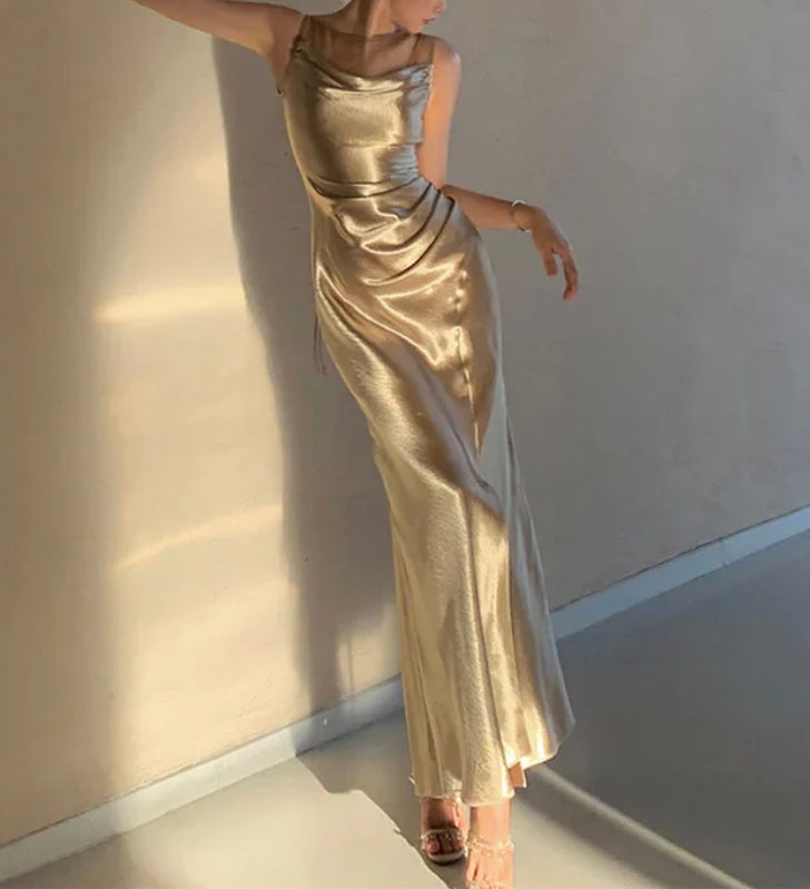 Elegant Gold Satin Backless Mermaid Long Prom Dress Formal Party Dress Evening Dress Wholesale