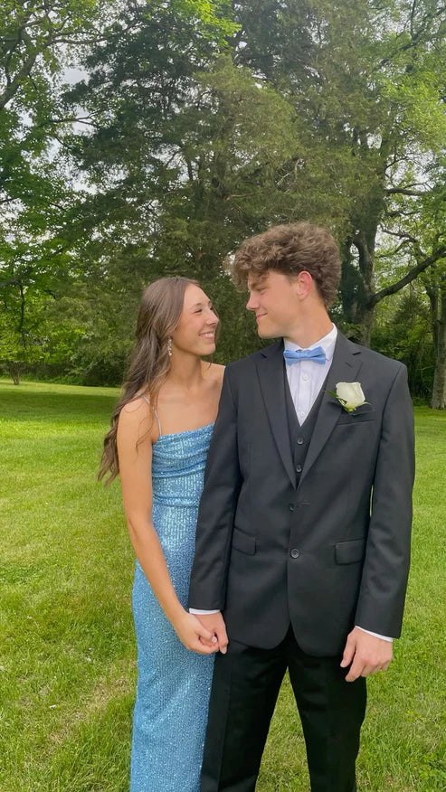 Blue Sequins Spaghetti Straps Long Party Dress with Slit Sparkly Evening Dress Wholesale