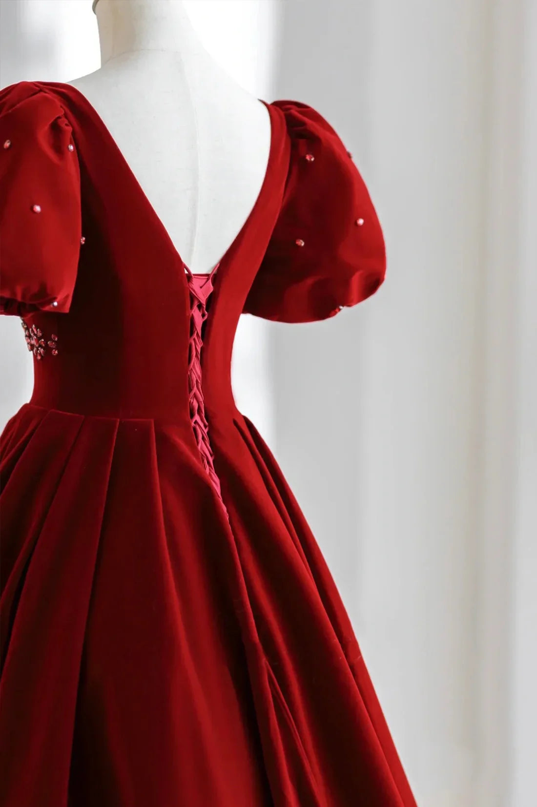 Wholesale Burgundy A Line Puff Sleeves Velvet Long Prom Dress Evening Dress Elegant