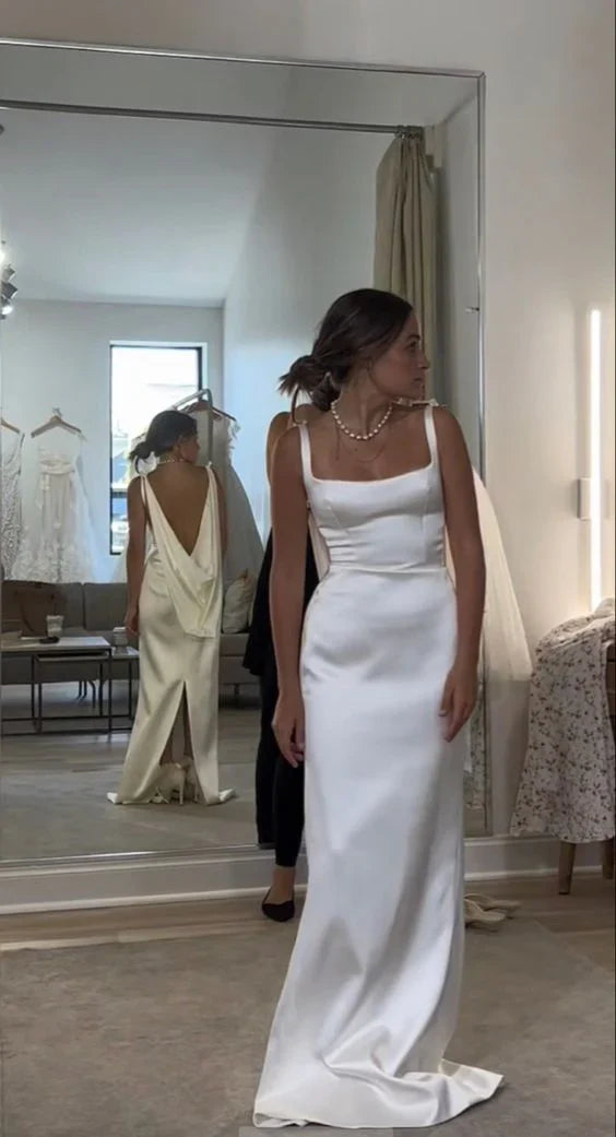 White Straps Sheath Backless Light Wedding Dress Simple Party Dress Formal Dress