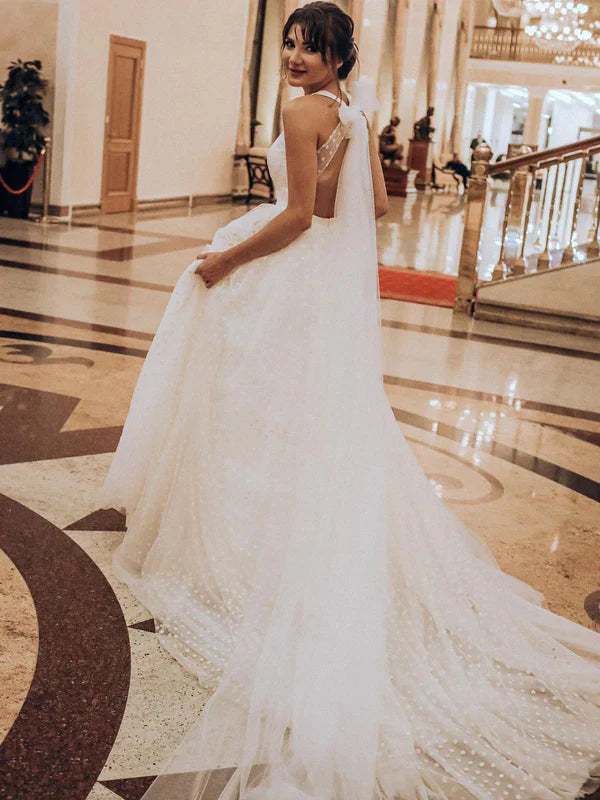 Marvelous V-neck A-line Polka Dot Lace Wedding Dresse Tulle Bridal Gowns Sexy