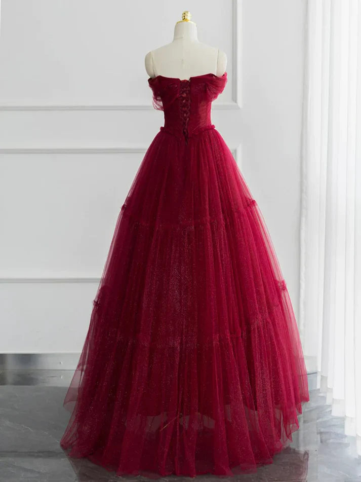 Burgundy A-line Off Shoulder Tulle Shiny Long Prom Dress Charming Evening Dress Wholesale