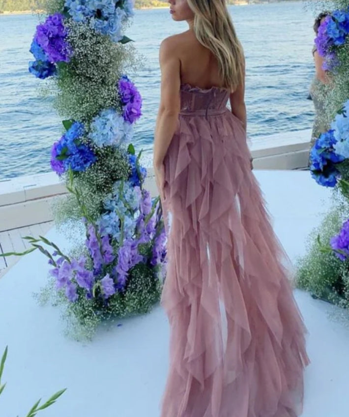 Dusty Pink Sweetheart Strapless A-Line Ruffles Long Party Dress Prom Dress Charming Evening Dress Wholesale