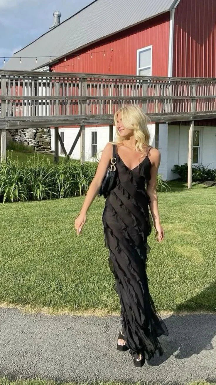 Red Spaghetti Straps Ruffle Mermaid Long Party Dress Wedding Guest Dress Evening Dress Formal Dress