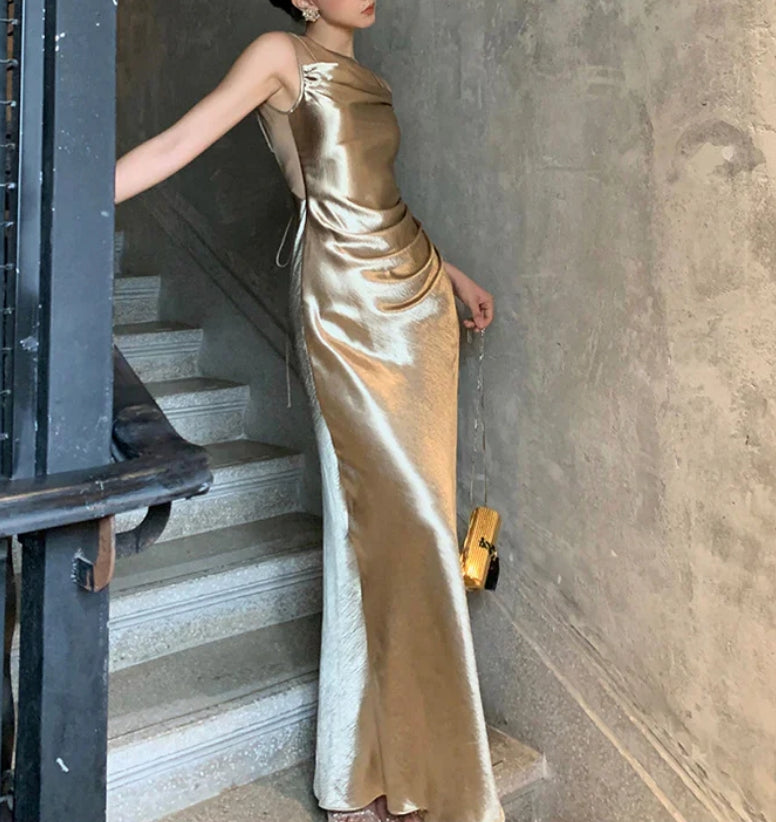 Elegant Gold Satin Backless Mermaid Long Prom Dress Formal Party Dress Evening Dress Wholesale