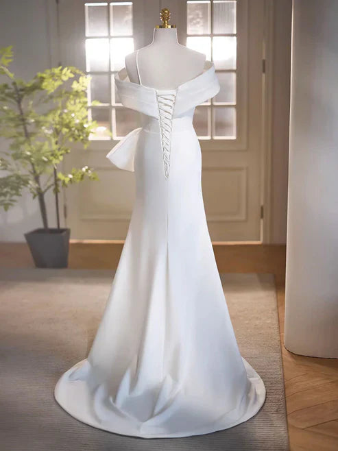 Wholesale Simple White Off the Shoulder Satin Long Prom Dress Formal Dress with Slit Elegant Wedding Dress