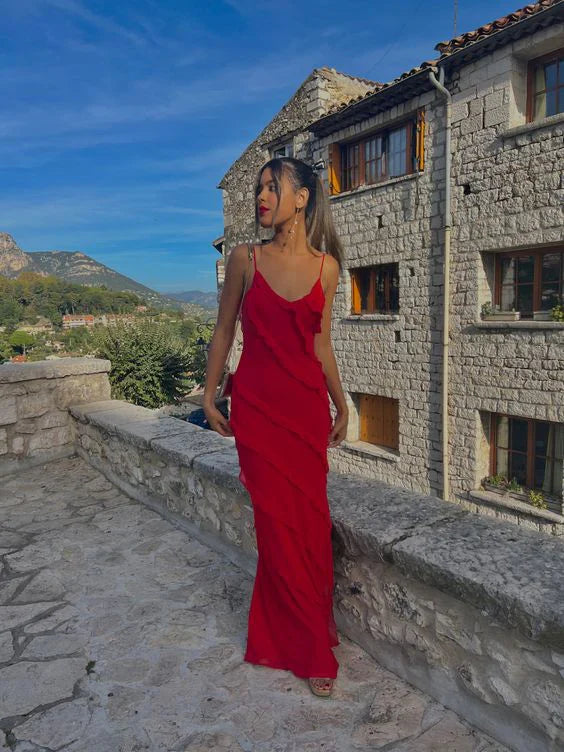 Red Spaghetti Straps Ruffle Mermaid Long Party Dress Wedding Guest Dress Evening Dress Formal Dress