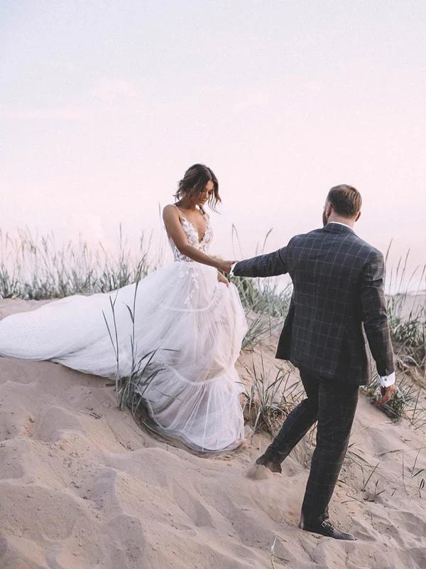 Unique Appliqued A-line Tulle Wedding Dresses With Chapel Train Floor Length Beautiful