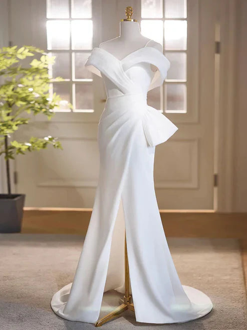 Wholesale Simple White Off the Shoulder Satin Long Prom Dress Formal Dress with Slit Elegant Wedding Dress