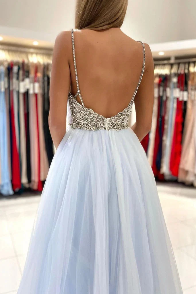 Pleated V Neck Light Blue Tulle Party Dress Rhinestones A Line Prom Dress Evening Dress Wholesale