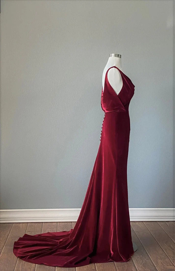 Burgundy Backless Velvet Long Prom Dress Formal Party Dress Elegant Evening Dress Wholesale