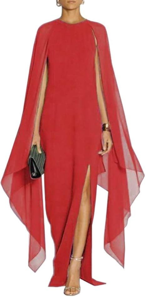 Women's Elegant High Split Flare Sleeve Formal Evening Gowns Maxi Dress Women's Elegant High Split Flare Sleeve Formal Evening Gowns Maxi Dress with Cape Party Dress Wholesale