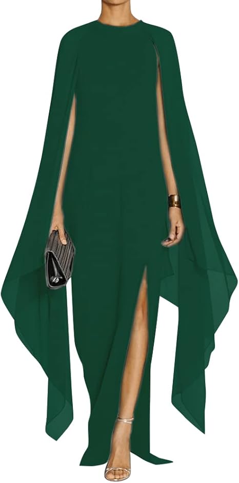 Women's Elegant High Split Flare Sleeve Formal Evening Gowns Maxi Dress Women's Elegant High Split Flare Sleeve Formal Evening Gowns Maxi Dress with Cape Party Dress Wholesale