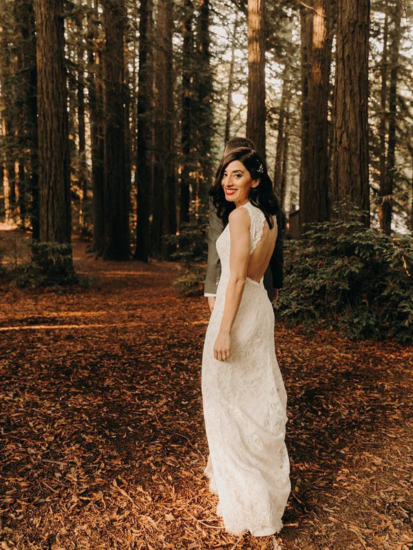 Elegant Slit Lace wedding Dresses Sleeveless Long Backless Bridal Gowns Beautiful