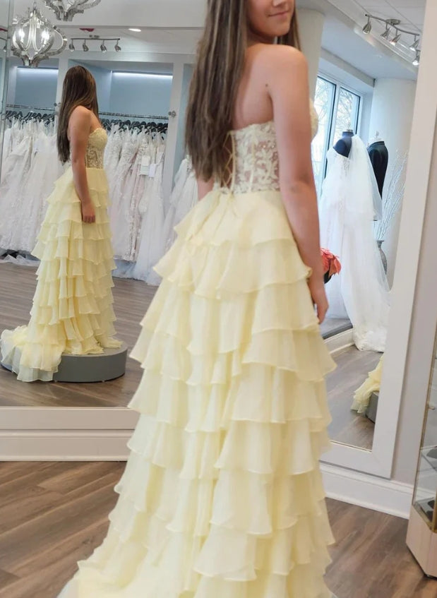 Aimishang Hot Pink A-Line Sweetheart Chiffon Tiered Long Prom Dresses with Appliques Charming Wholesale