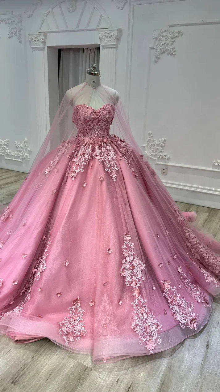 Aimishang Pink Sweetheart Tulle Appliques Ball Gowns Quinceanera Dress with Cape Prom Dress Beautiful Wholesale