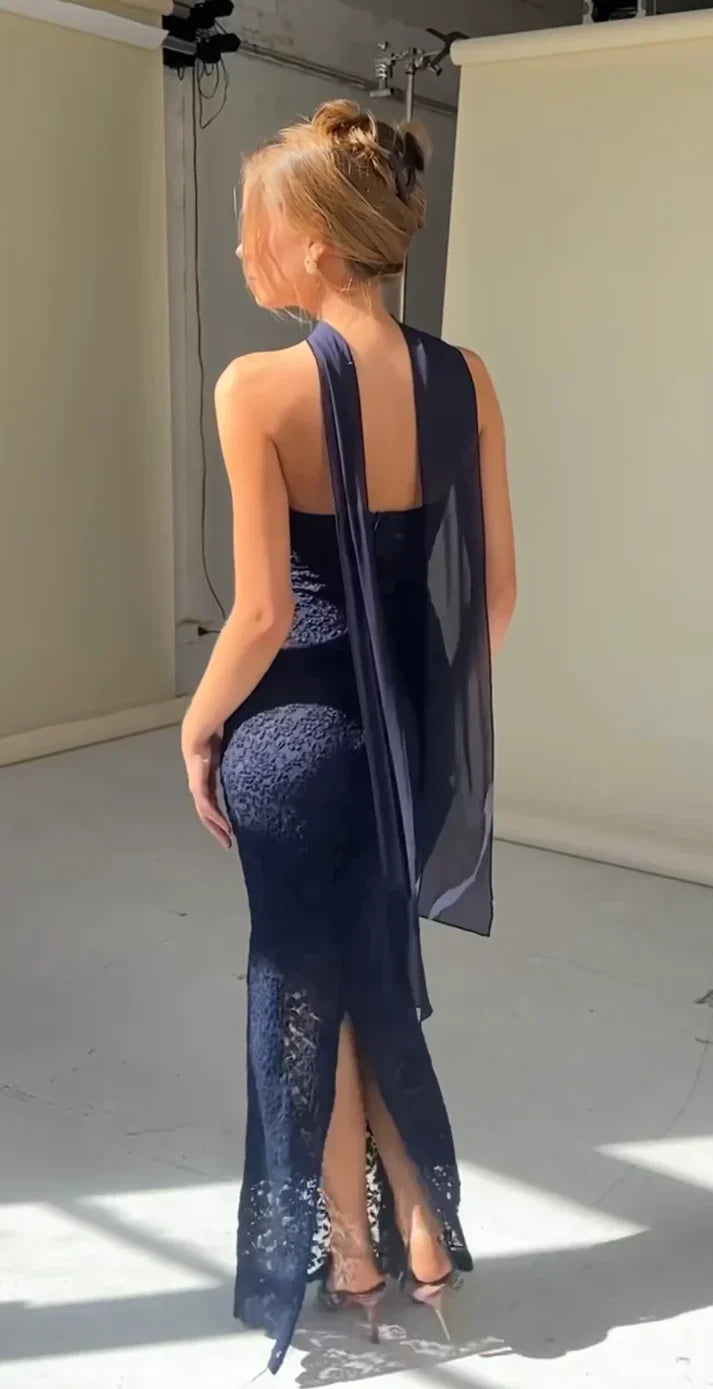 Sexy Navy Blue Strapless Lace Mermaid Evening Party Dress with Slit Charming Wholesale