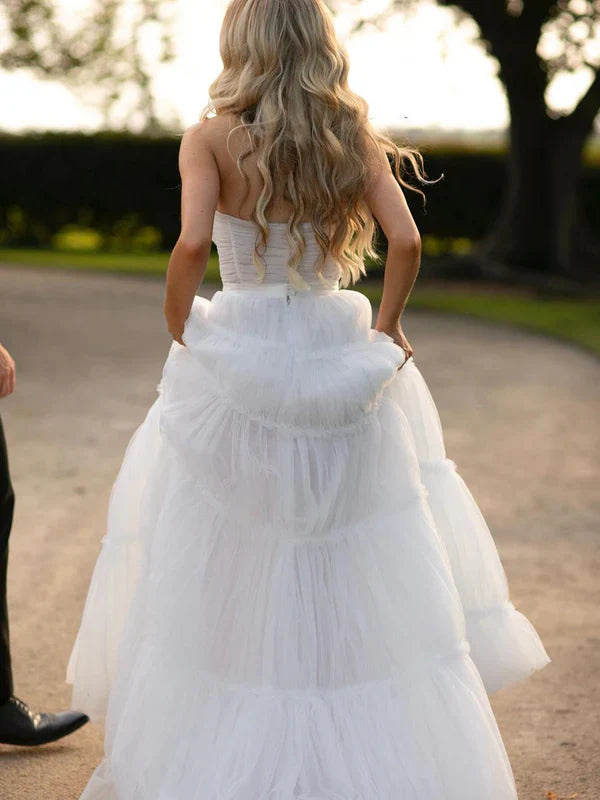 Elegant Tulle A-line Sweep Train Wedding Dresses Off Shoulder With Slit Simple dress Wholesale