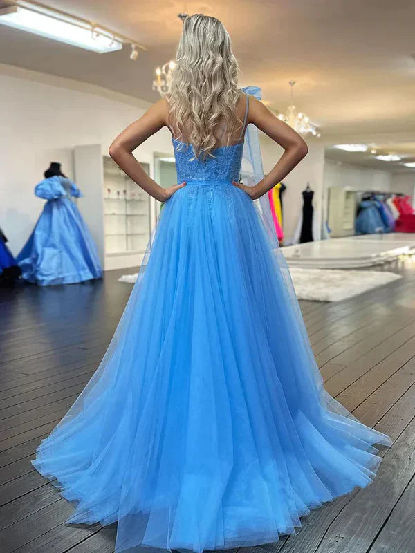 Elegant Blue One Shoulder A-Line Tulle Lace Long Party Dress Prom Dress Wholesale
