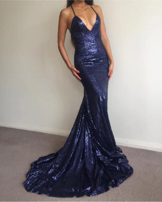 Navy Blue V Neck Mermaid Sequins Sexy Long Evening Dress Sparkly Party Dress Wholesale