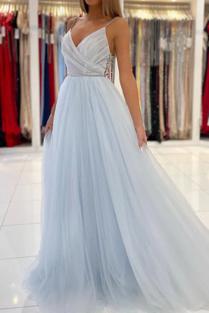 Pleated V Neck Light Blue Tulle Party Dress Rhinestones A Line Prom Dress Evening Dress Wholesale