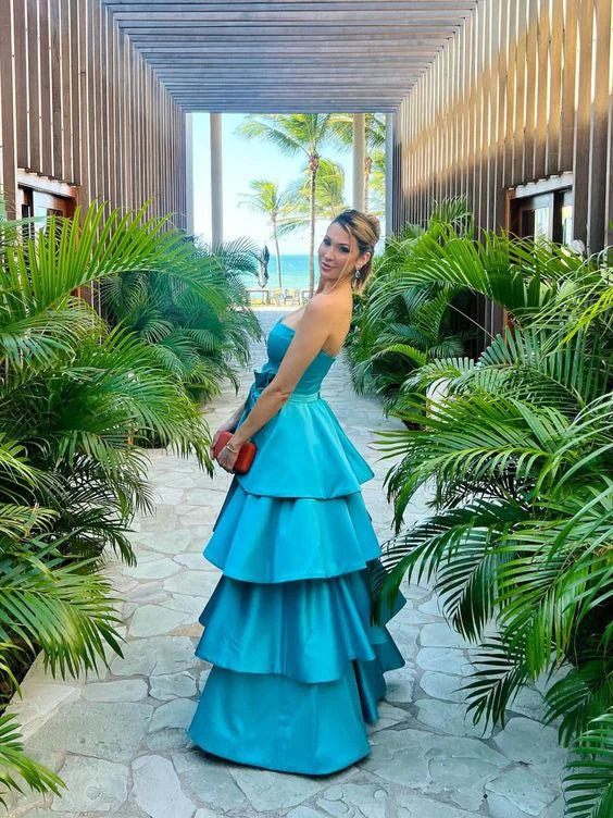 Blue Satin Strapless Tiered Long Prom Dress Off Shoulder Charming Evening Party Dress Wholesale