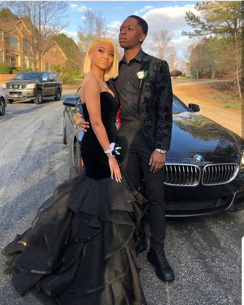 Wholesale Black Sweetheart Tulle Organza Layers Mermaid Evening Prom Dress Off Shoulder