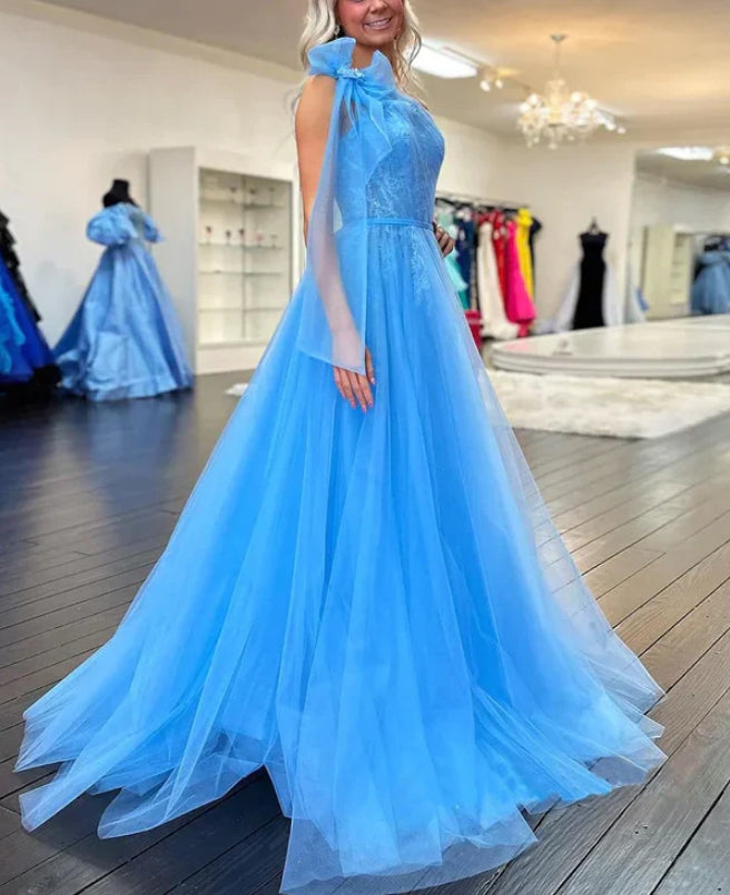 Elegant Blue One Shoulder A-Line Tulle Lace Long Party Dress Prom Dress Wholesale