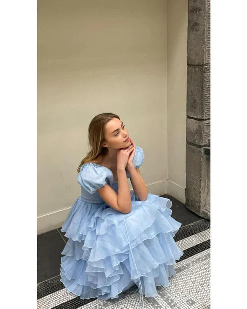 Aimishng Cute Blue Tulle Tiered Hepburn Princess Prom Dress Evening Dress Ball Gown
