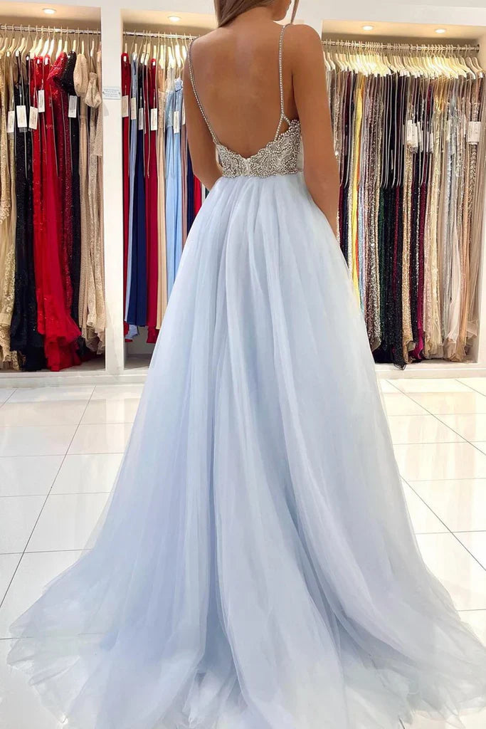 Pleated V Neck Light Blue Tulle Party Dress Rhinestones A Line Prom Dress Evening Dress Wholesale