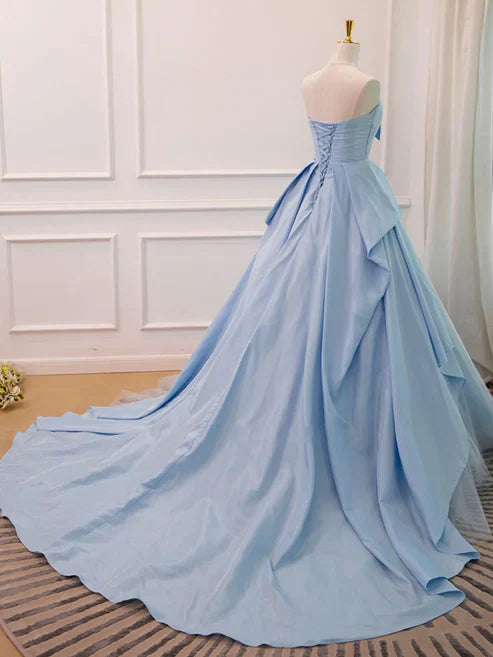 Aimishang A Line Sweetheart Neck Blue Satin Tulle Long Prom Dress Evening Dress Off Shoulder Charming