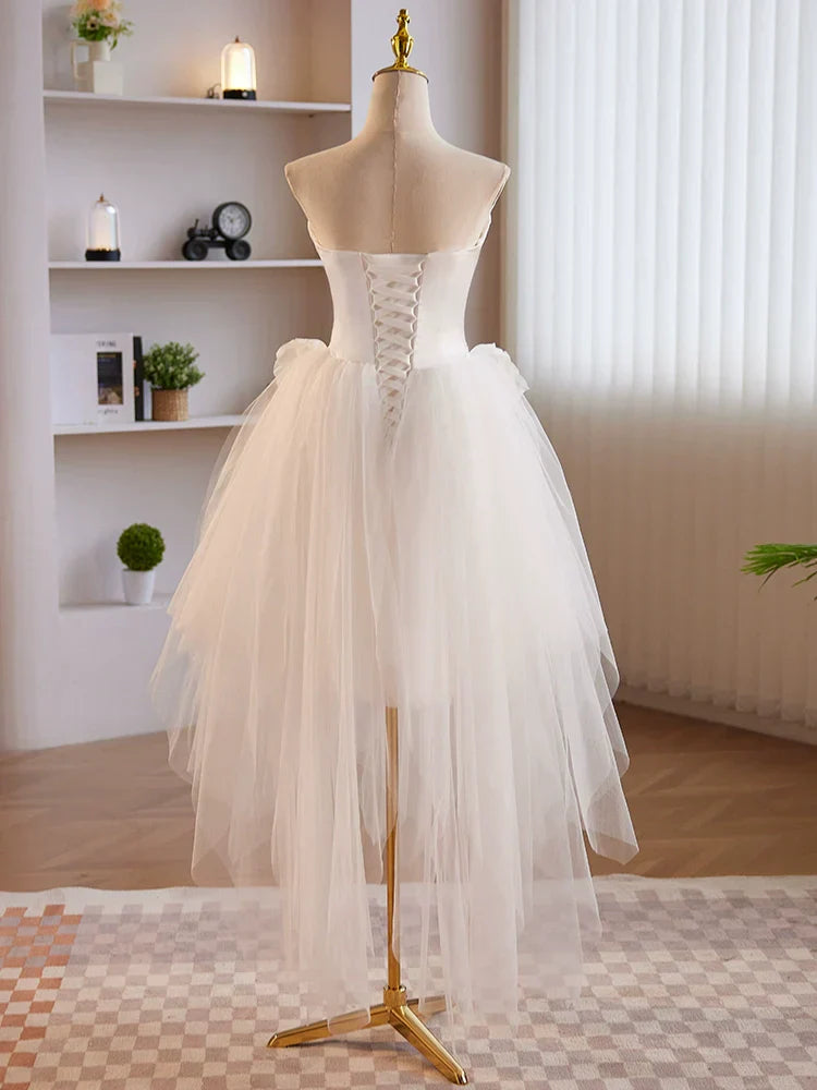 Wholesale Strapless 3D Flower White Tulle Satin Short Prom Dress Homecoming Dress