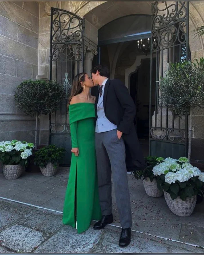Green Off Shoulder Long Sleeves Long Prom Dress Wedding Guest Dress Elegant Evening Dress Wholesale
