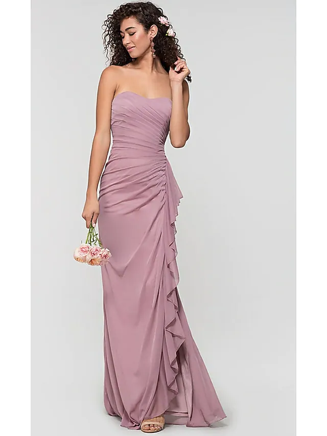 Sweetheart Neckline  Chiffon Bridesmaid Dress with Ruffles  Split Front  Ruching  Open Back